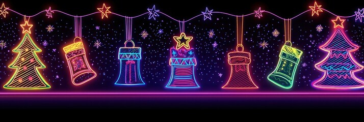 Poster - Retro neon Christmas banner with vivid neon trees, bells, and stockings glowing against a dark background for a lively 1980s feel.