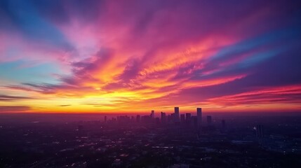 Poster - City Skyline Silhouetted Against a Vibrant Sunset Sky