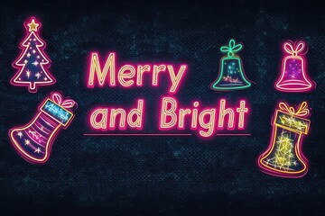 Poster - Vibrant 1980s Christmas banner with neon lights in the shape of trees, bells, and stockings glowing against a dark, textured background, with 
