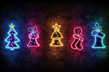 Poster - Vibrant 1980s Christmas banner with neon lights in the shape of trees, bells, and stockings glowing against a dark, textured background.