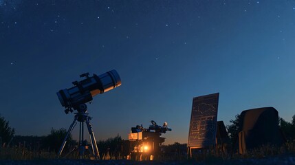 Poster - A pristine astronomy setup on a clear night, Telescopes and star charts meticulously arranged, Celestial observation style