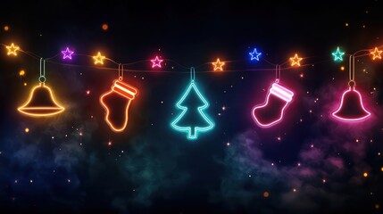 Poster - Vibrant 80s-themed Christmas banner with neon lights shaped like trees, bells, and stockings set against a dark, atmospheric background.