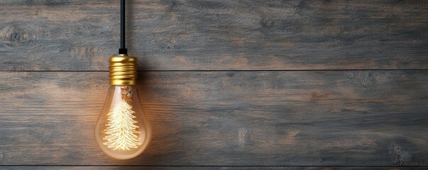 Poster - A glowing light bulb hangs from a wire against a rustic wooden background, creating a warm and inviting atmosphere.