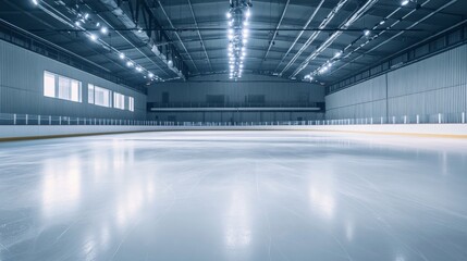 Poster - A pristine ice skating rink with neatly arranged skates and safety gear, An open, well-lit arena with smooth ice surface