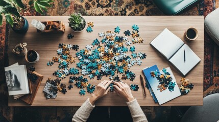 Aufkleber - A pristine jigsaw puzzle workspace with pieces and a completed section neatly arranged on a table, A cozy room with natural light and comfortable seating, Minimalist recreational style