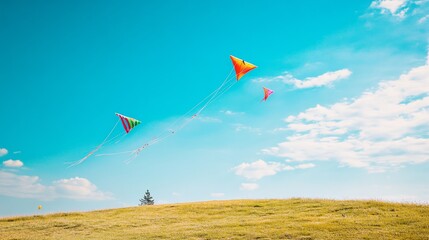 Poster - A pristine kite flying setup with colorful kites and string neatly placed on a sunny hill, A breezy open field with a clear blue sky, Minimalist recreational style