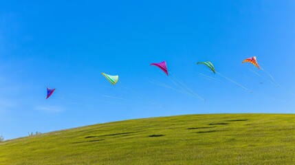 Poster - A pristine kite flying setup with colorful kites and string neatly placed on a sunny hill, A breezy open field with a clear blue sky, Minimalist recreational style