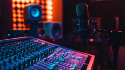 Poster - A pristine music recording studio with microphones and mixing boards neatly set up, A dimly lit, acoustically optimized room with modern equipment