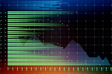 Poster - Market statistics concept with digital green horizontal graphs on dark background with stats diagram. 3D rendering