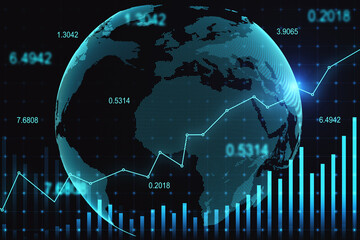 Poster - Global economy growth concept with digital blue trading chart rising graph and diagram on dark background with world map globe. 3D rendering
