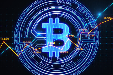 Poster - Digital money and crypto currency concept with rising up financial chart diagram on dark background with digital blue bitcoin icon. 3D rendering