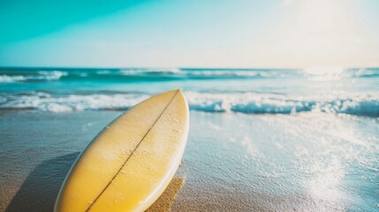 Poster - A pristine surfboard setup with neatly placed wax and a clean board beside the ocean, A sunny beach with gentle waves and clear skies, Minimalist aquatic style