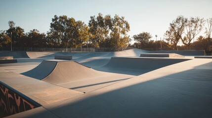 Poster - A pristine skatepark with skateboards and helmets neatly placed, A spacious, well-lit area with smooth ramps and rails