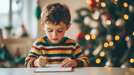 Sticker - A boy in a colorful sweater eagerly writes his Christmas wish list beside a beautifully adorned Christmas tree