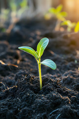 Poster - seedling in the ground. Green sprout in soil. Agriculture and farming concept. seedling cultivation.New life concept.