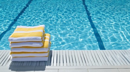 Poster - A pristine swimming pool with neatly stacked towels and swim gear arranged, A bright outdoor pool with clear blue water and clean lines, Minimalist leisure style