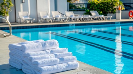 Poster - A pristine swimming pool with neatly stacked towels and swim gear arranged, A bright outdoor pool with clear blue water and clean lines, Minimalist leisure style