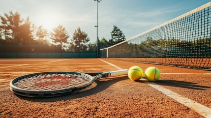Poster - A pristine tennis court with rackets and balls neatly placed at the net, A sunlit court with perfectly maintained lines and a clear sky, Minimalist sports style