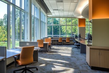 Poster - Modern office space with large windows, natural light, and orange chairs.