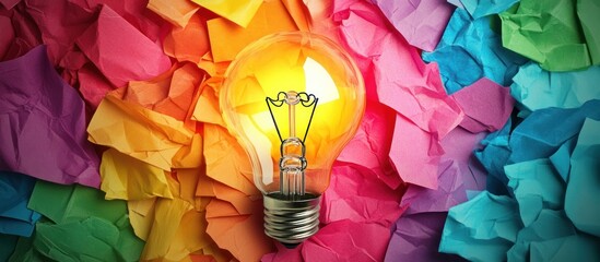 Aufkleber - Bright light bulb glowing surrounded by colorful crumpled paper.