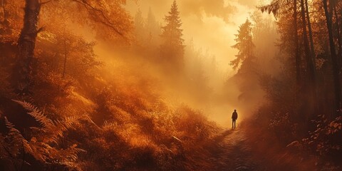 Poster - A lone figure walks through a misty forest at sunset, bathed in golden light.