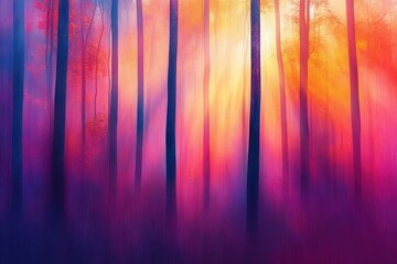 Aufkleber - A vibrant, ethereal sunrise bathes a misty forest in hues of pink, orange, and yellow, creating a dreamlike atmosphere.