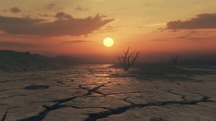 Poster - A desolate desert landscape with a sun setting in the background
