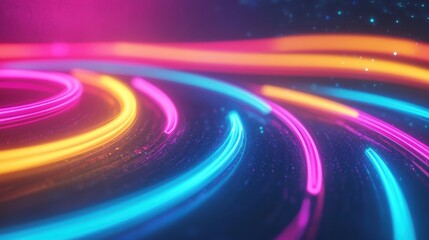 Poster - Dynamic neon light trails in pink, blue, and yellow on a dark background, creating a futuristic and energetic visual effect.