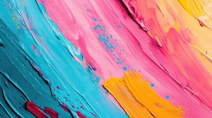 Poster - Bold brushstrokes of pink, blue, and yellow blend together, forming a dynamic and colorful abstract composition across the canvas's surface