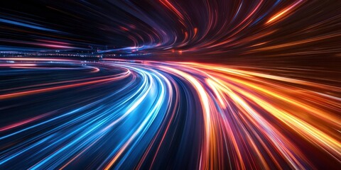 Poster - Abstract digital tunnel with blurred light streaks in blue, orange, and red.