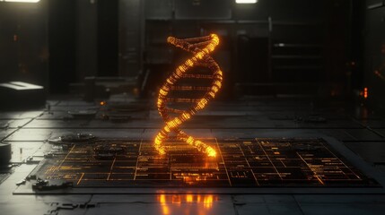 Fototapete - A digital rendering of a DNA double helix with glowing edges, surrounded by a grid of scientific data and analysis.