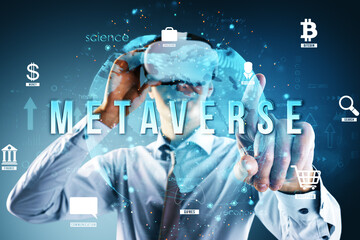 Poster - Businessman with VR headset interacting with virtual icons representing the metaverse concept on a digital background.