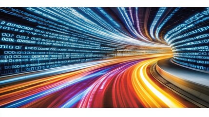 Poster - A futuristic data grid with pulsating light paths and abstract patterns showcasing AI-driven research.