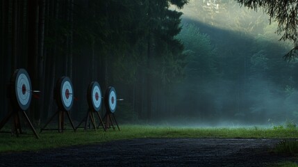 Poster - A serene archery range set against a misty morning forest, Targets and bows perfectly aligned, Traditional outdoor style