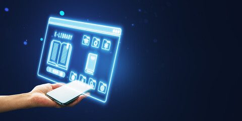 Poster - Smartphone Displaying Virtual E-Library Interface in Neon Glow.