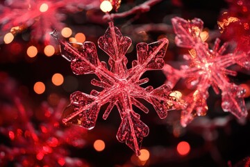 Poster - Two red plastic snowflakes hang on a branch with blurred red lights in the background.