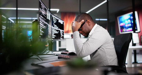 Fototapete - Unhappy Sad Developer Programmer Man In Stress Coding Software