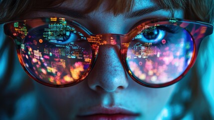 Fototapete - Close-up of a woman's face with glasses reflecting colorful lights and code.