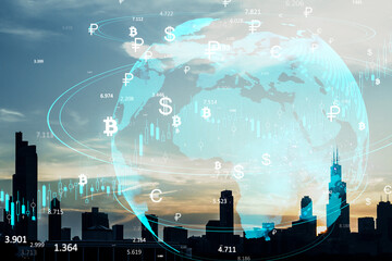 Poster - Global Financial Symbols Overlay on Chicago Skyline at Sunset.