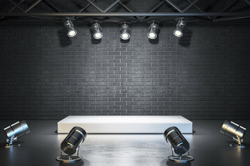 Poster - Empty stage with spotlights on a black brick wall background in a modern event setting. 3D Rendering