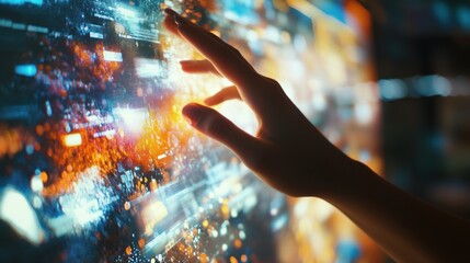 Fototapete - A hand reaches out to touch a glowing digital interface, with data and information swirling around it.