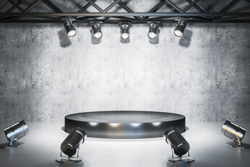 Poster - Circular podium with spotlights on a concrete backdrop for a presentation or exhibit event. 3D Rendering