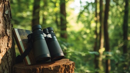Poster - A serene bird-watching spot in a quiet marshland, Binoculars and guidebooks laid out amidst tall grasses, Naturalistic photography style