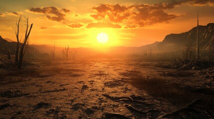 Poster - A desolate desert landscape with a sun setting in the background
