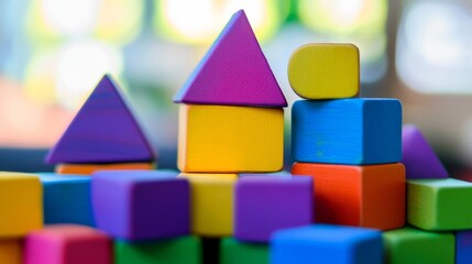 Poster - A serene block-building scene with colorful bricks arranged creatively, Playful construction style, photo of