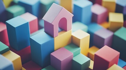 Aufkleber - A serene block-building scene with meticulously arranged colorful blocks, Playful construction style, photo of