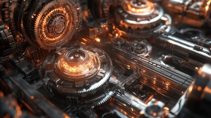 Poster - Closeup of intricate metallic gears and mechanisms with glowing orange lights.