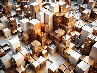 Poster - Abstract Cubic Composition in White and Brown with Urban Exploration Elements Showcasing Textures, Shadows, and Geometric Shapes in a Modern Cityscape Environment