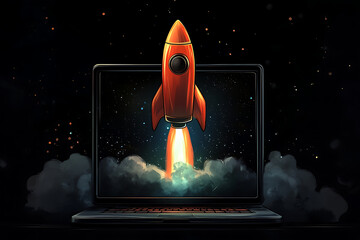 Poster - A rocket launching from a laptop, symbolizing innovation and technology.