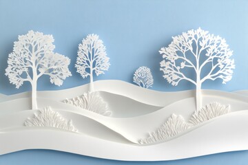 Poster - Paper cut out design of trees and hills on a blue background.
